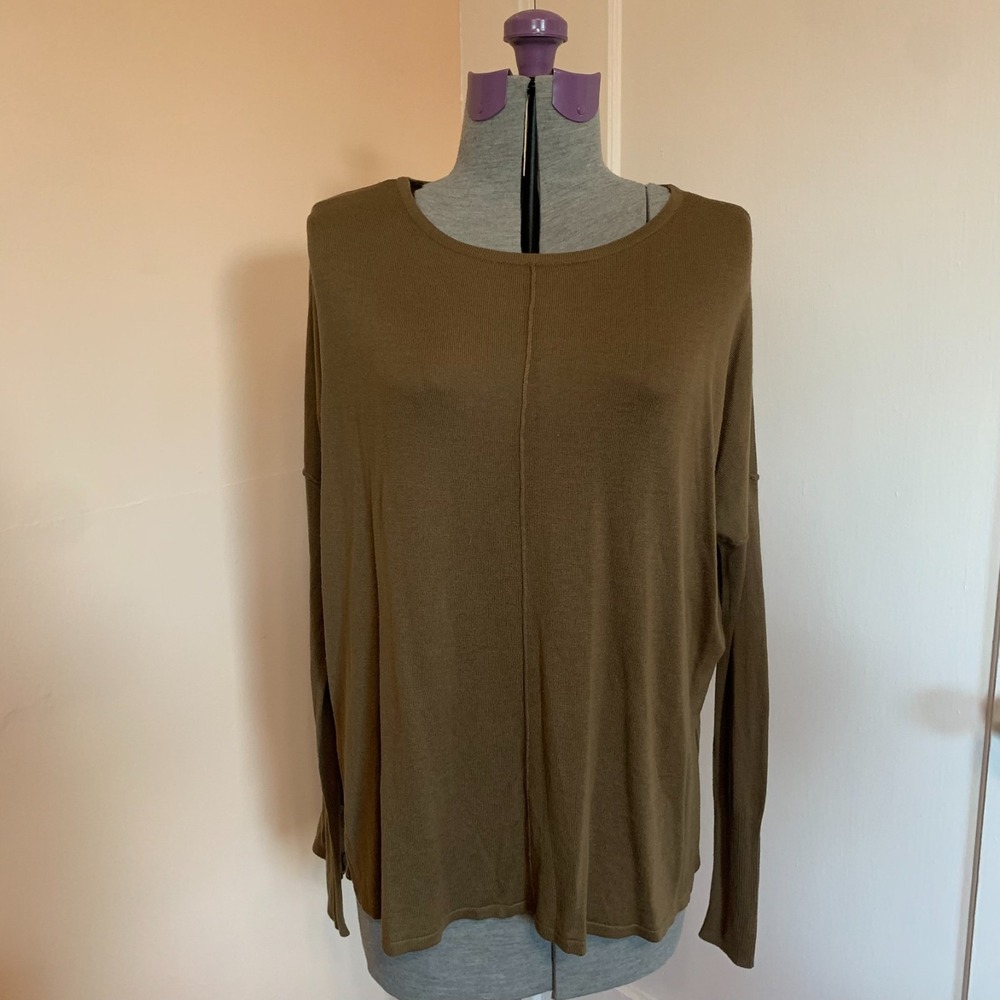 H&M Brown Fine Knit Crewneck Sweater High Low Hem Side Slits Womens S Minimalist